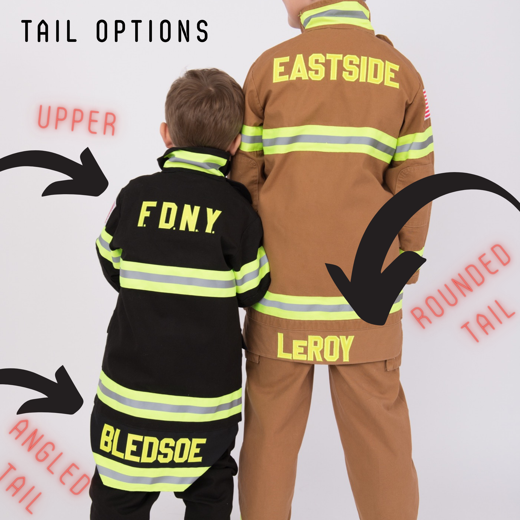 Diagram showing upper and lower name tail placement options for personalized firefighter costume embroidery